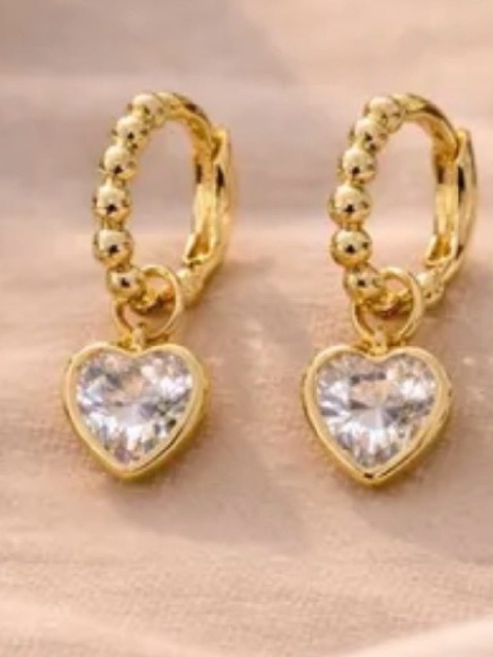Gold CZ Heart Charm Drop Huggie Earrings - Women Jewelry
